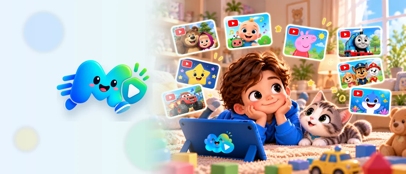 A boy with a kitten and a tablet surrounded by kids' YouTube channel cards — safe channels for preschoolers