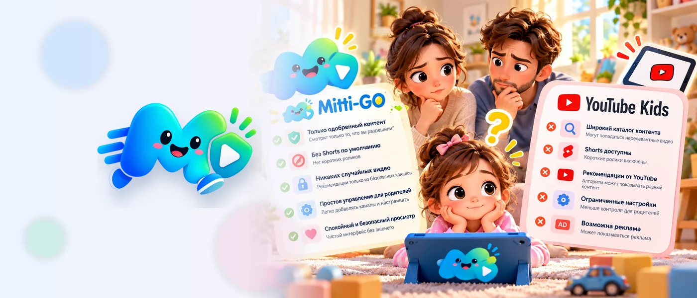 Parents comparing Mitti GO and YouTube Kids: approved content, Shorts, recommendations and ads