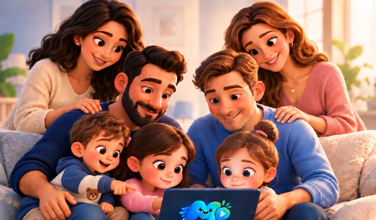 Two families and their kids watching Mitti GO together on a tablet